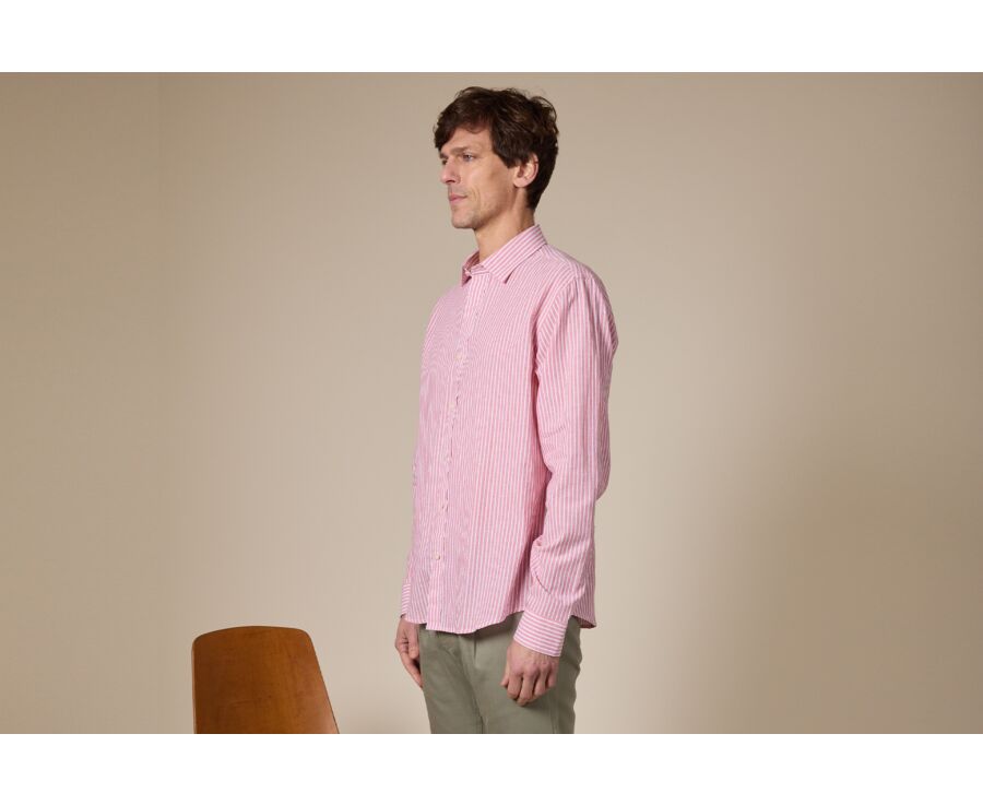 Chemise à rayures coton/lin Vieux Rose et Blanc - EDIBERT