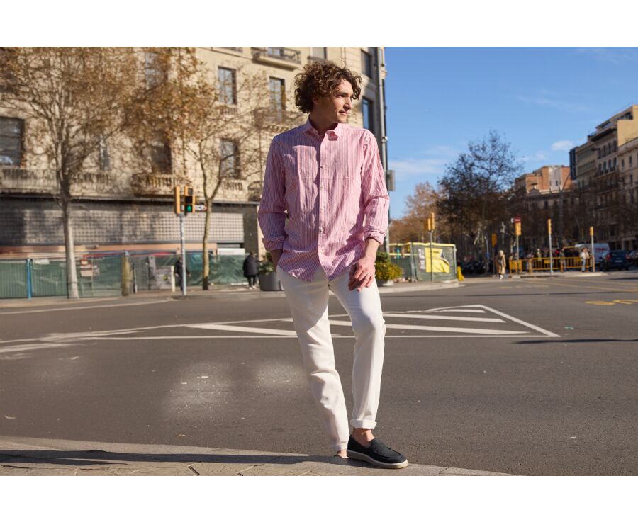 Chemise à rayures coton/lin Vieux Rose et Blanc - EDIBERT