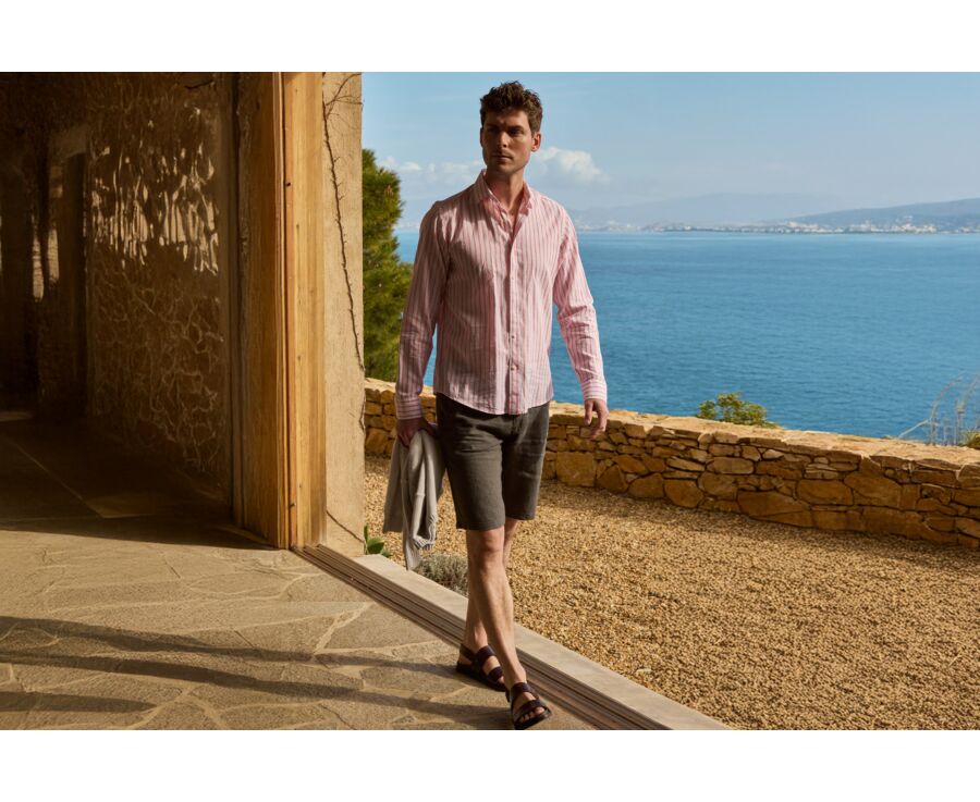 Chemise en coton et lin à rayures blanc et orange - EDIBERT