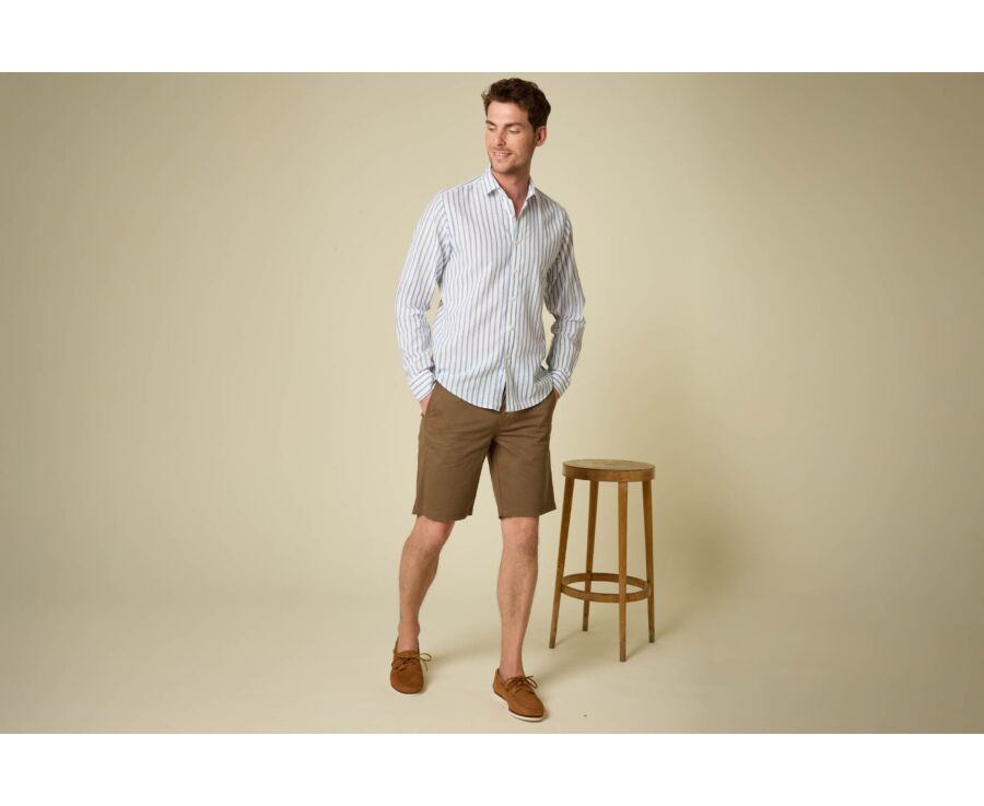 Chemise en coton et lin à rayures blanc et bleu gris - EDIBERT
