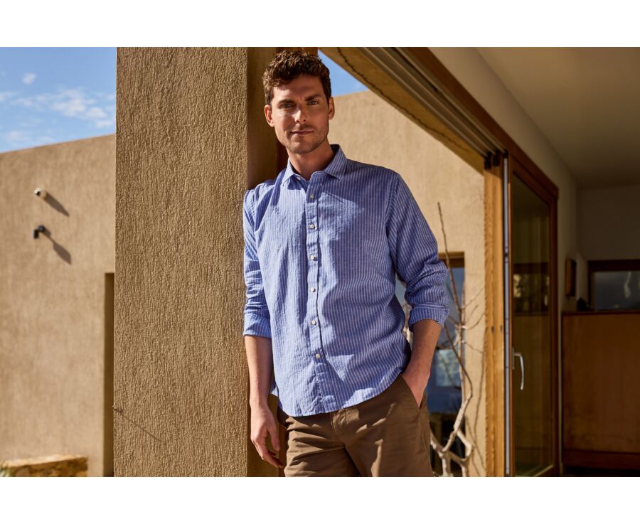Chemise en coton et lin à rayures bleu océan et bleu - EDIBERT