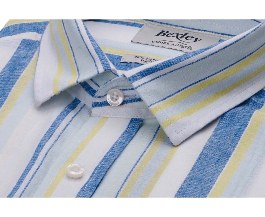 Chemise en coton et lin à rayures bleu, jaune et vert clair - EDIBERT