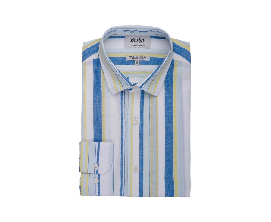 Chemise en coton et lin à rayures bleu, jaune et vert clair - EDIBERT