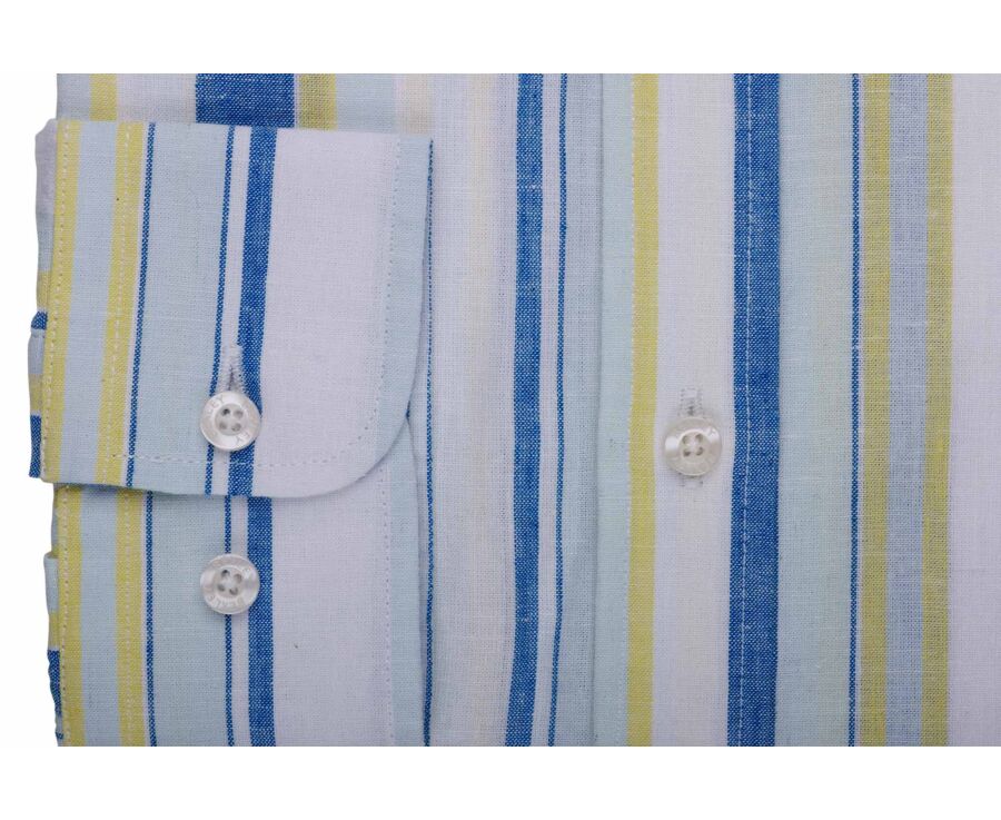 Chemise en coton et lin à rayures bleu, jaune et vert clair - EDIBERT