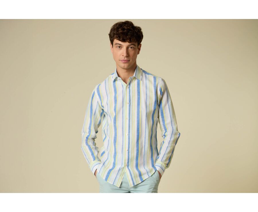 Chemise en coton et lin à rayures bleu, jaune et vert clair - EDIBERT