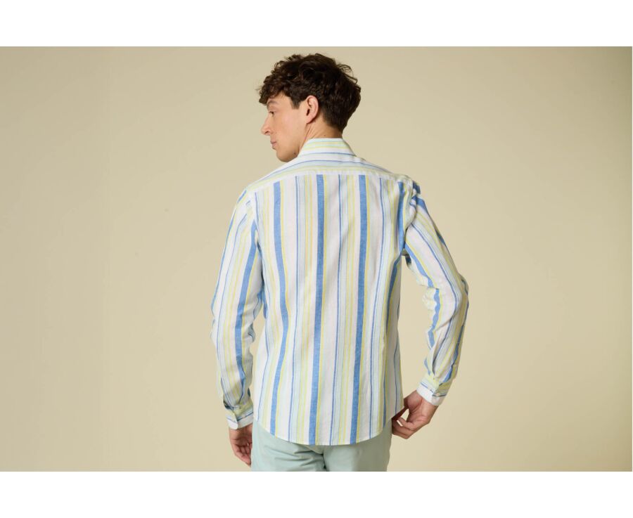 Chemise en coton et lin à rayures bleu, jaune et vert clair - EDIBERT