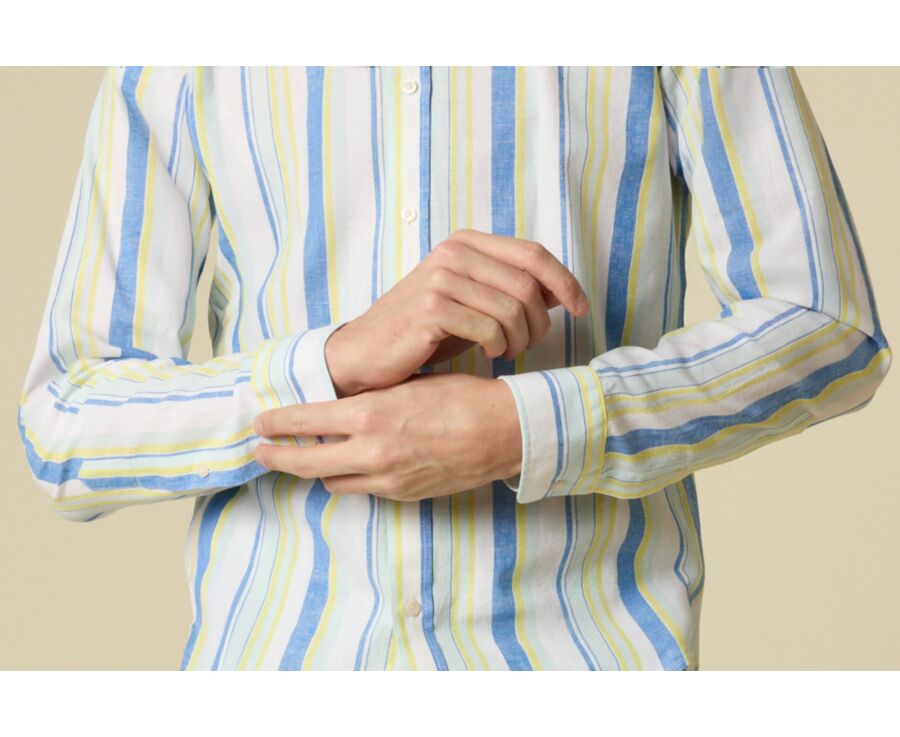 Chemise en coton et lin à rayures bleu, jaune et vert clair - EDIBERT