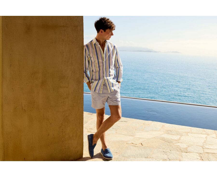 Chemise en coton et lin à rayures bleu, jaune et vert clair - EDIBERT