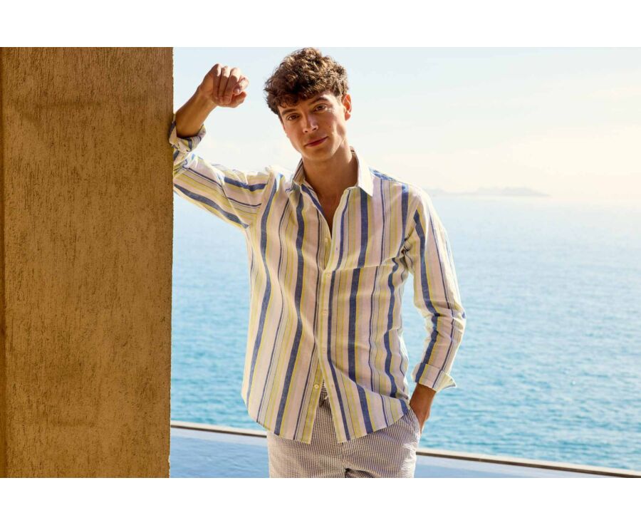 Chemise en coton et lin à rayures bleu, jaune et vert clair - EDIBERT
