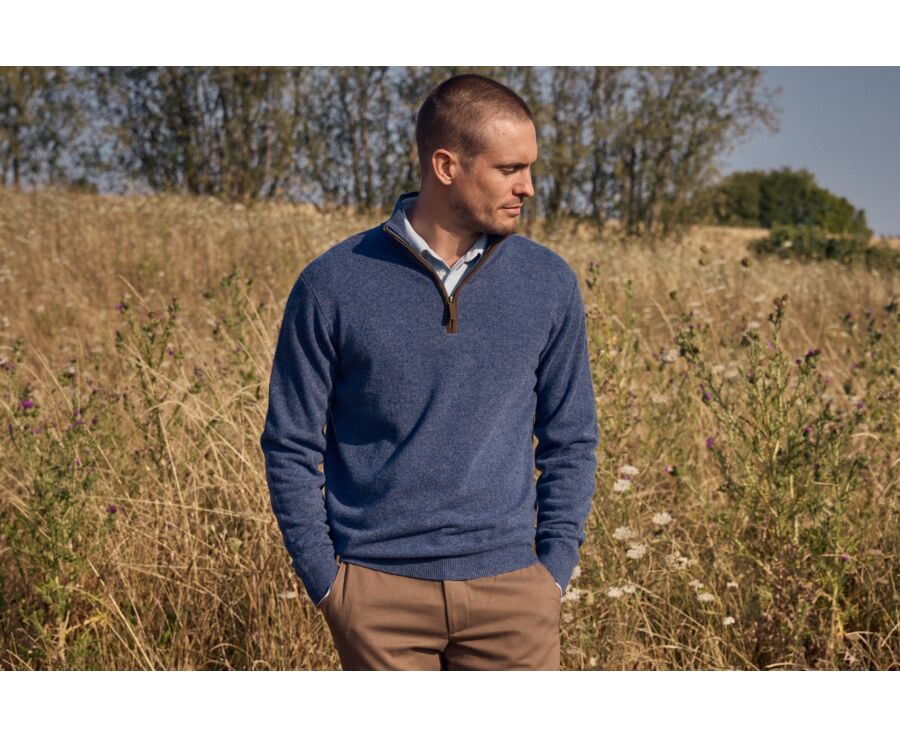 Pull homme col montant zippé bleu foncé chiné en laine - KEITHY