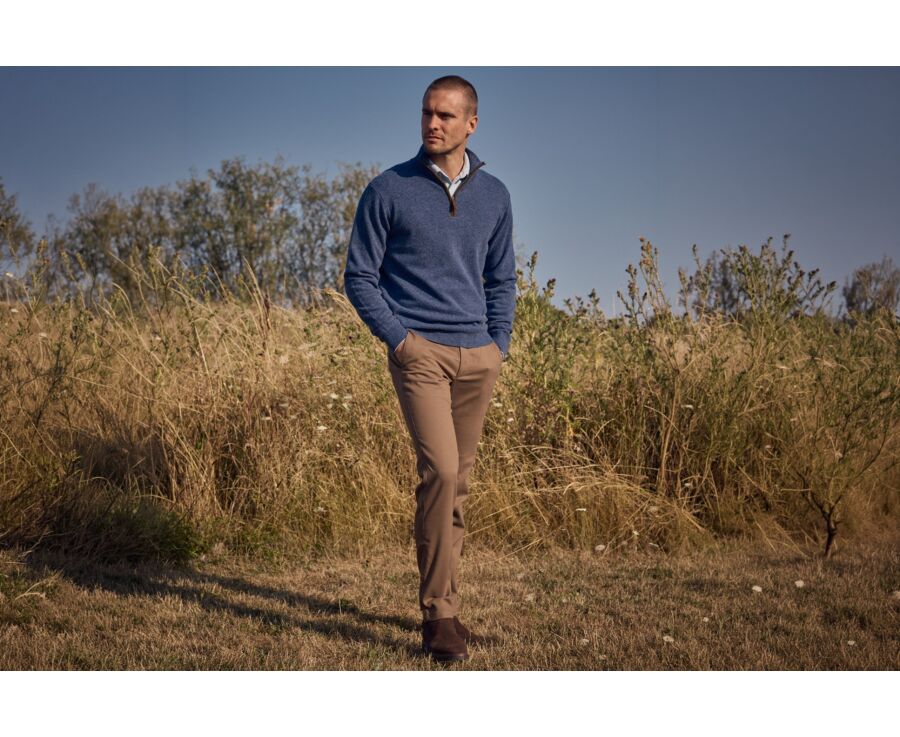 Pull homme col montant zippé bleu foncé chiné en laine - KEITHY