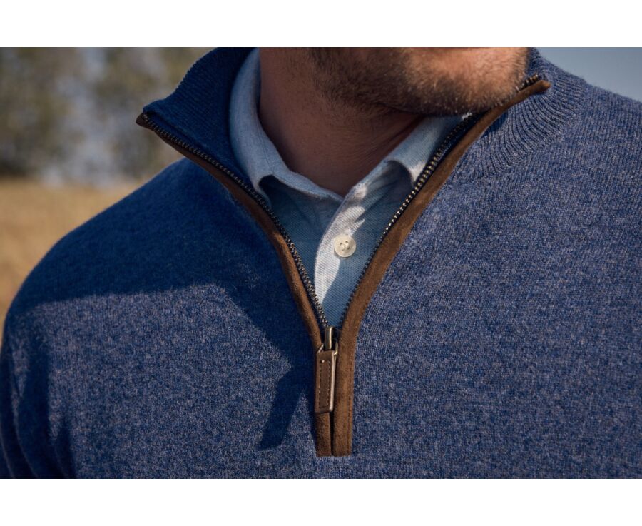 Pull homme col montant zippé bleu foncé chiné en laine - KEITHY
