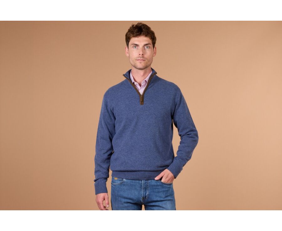 Pull homme col montant zippé bleu foncé chiné en laine - KEITHY