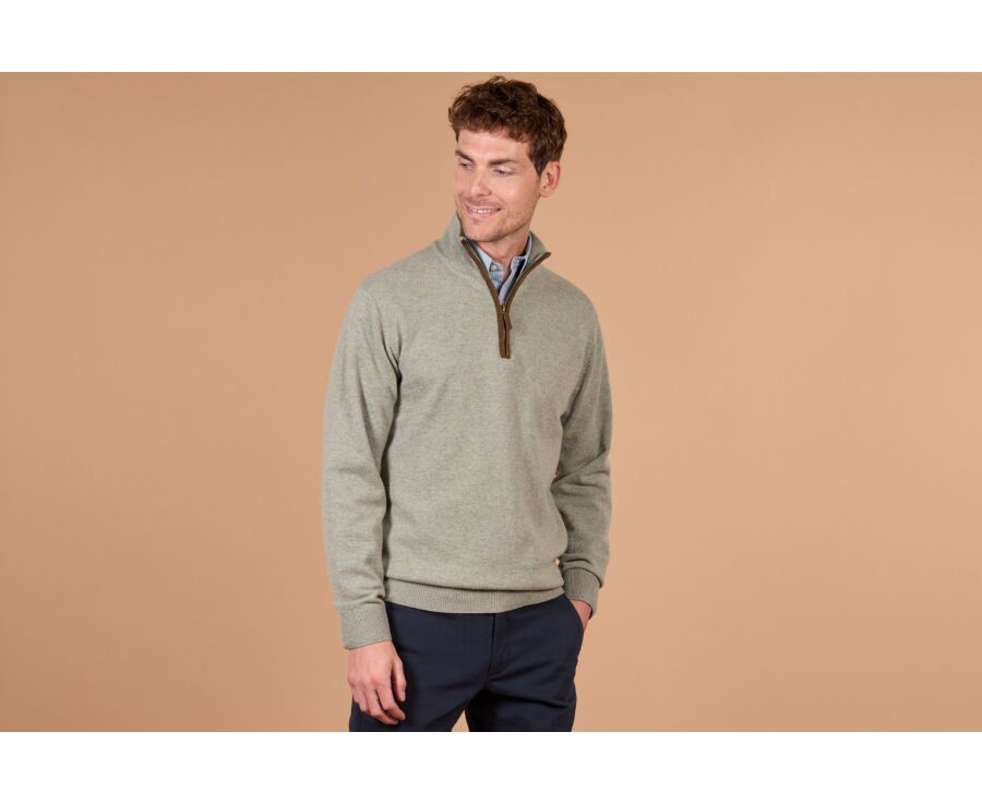 Pull homme col montant zippé kaki chiné en laine d'agneau - KEITHY