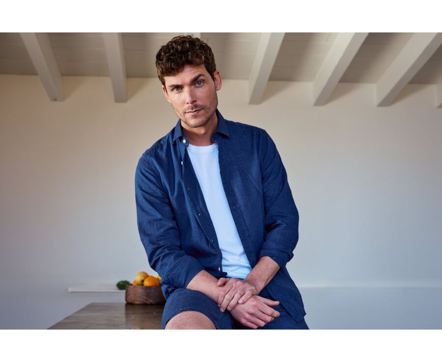 Chemise coton lin Chambray Indigo - Col Français - SILBERT