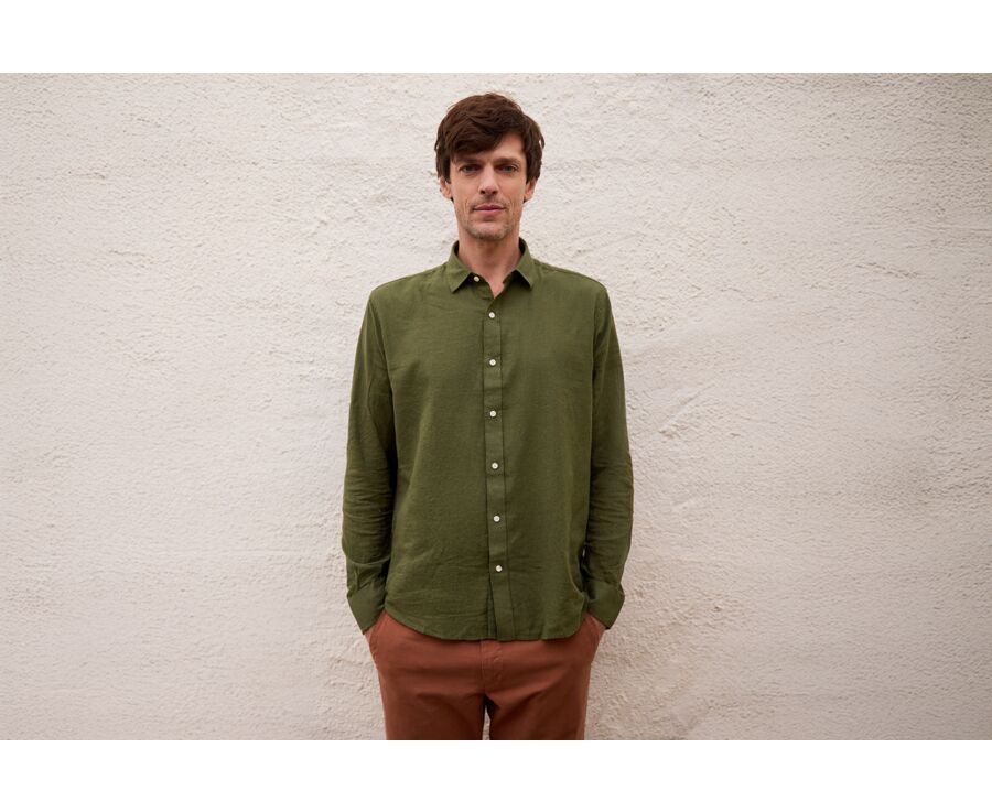 Chemise coton lin Chambray Vert Foret - Col Français - SILBERT