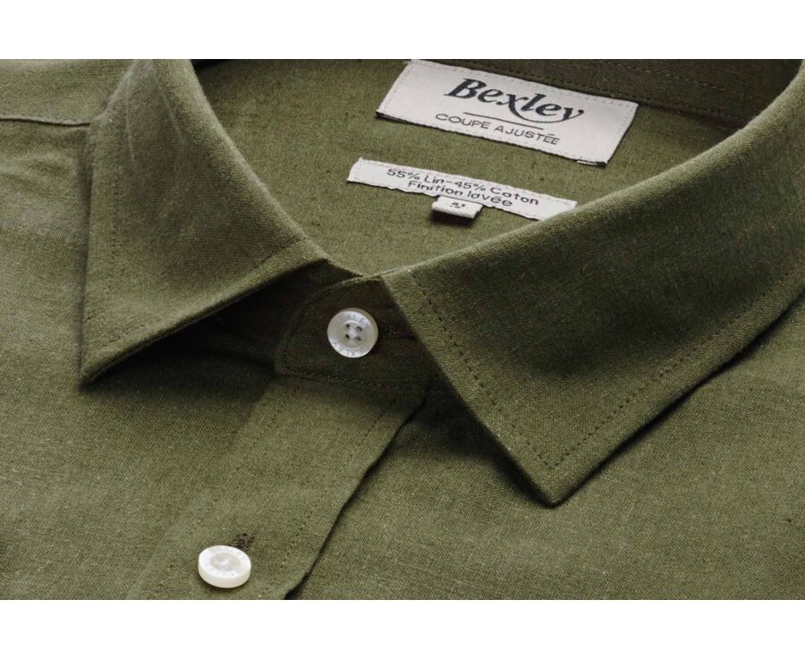 Chemise coton lin Chambray Vert Foret - Col Français - SILBERT