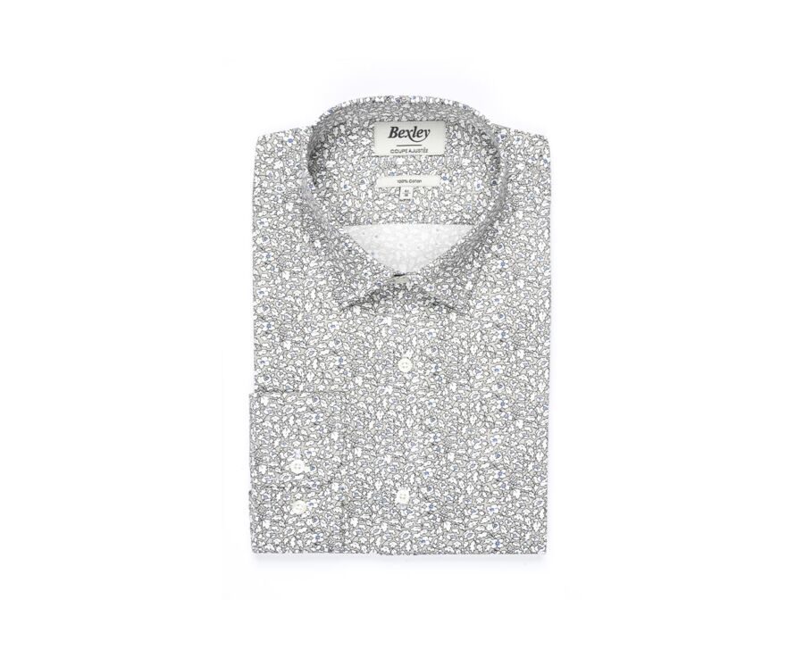 Chemise coton taupe imprimée fleurs blanches et bleues - VICTORIEN