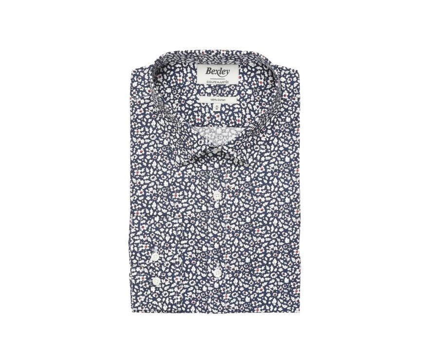 Chemise coton bleue imprimée fleurs blanches et rouges - VICTORIEN