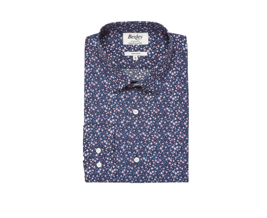 Chemise coton bleue imprimée fleurs corail - WILROSE