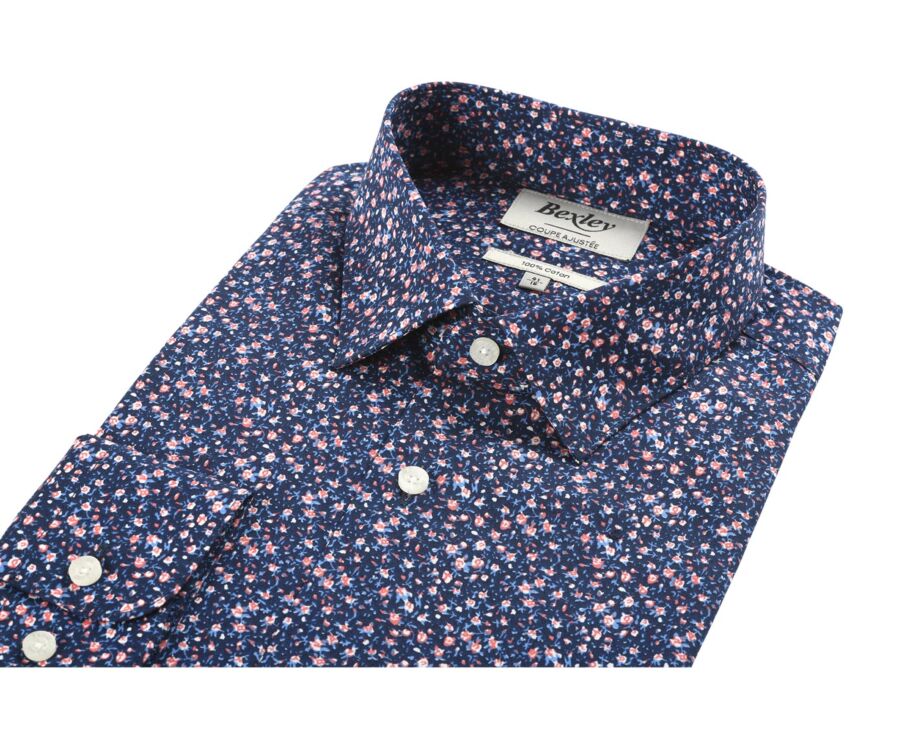 Chemise coton bleue imprimée fleurs corail - WILROSE