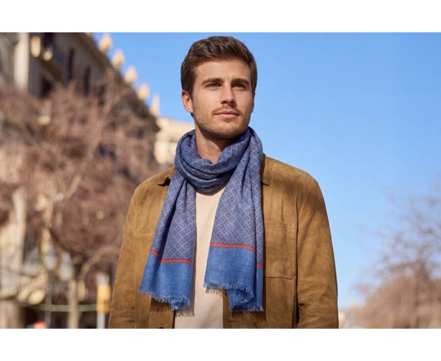 Chèche lin coton Bleu Indigo motifs rouges