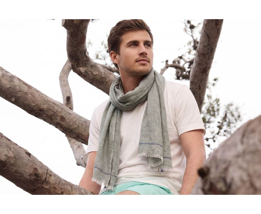 Chèche Lin coton Chambray Vert Bordure Marine