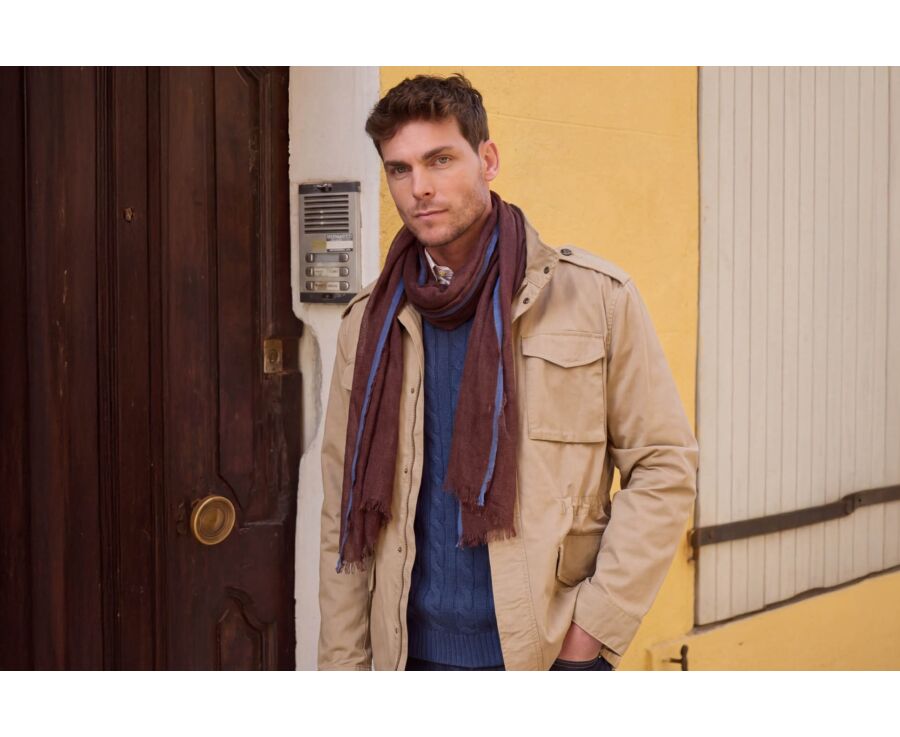 Chèche Homme Lin et Coton - Havane et Bordure Indigo