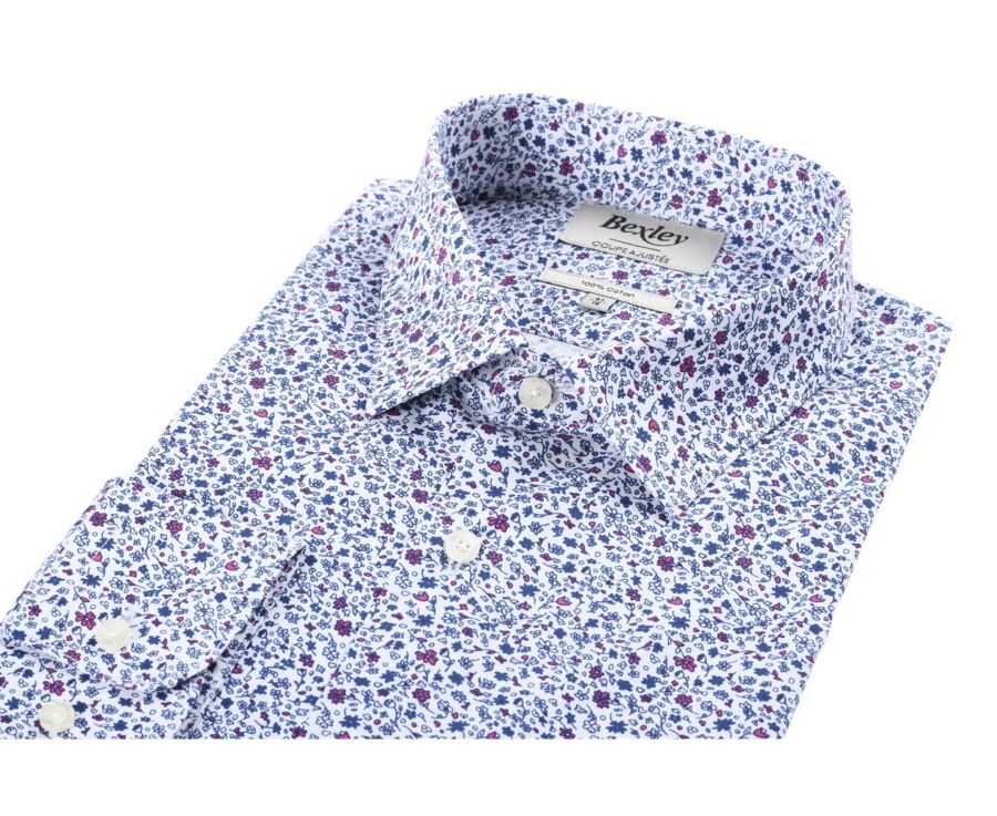 Chemise coton blanche imprimée fleurs bleues et roses - THÉOBERT