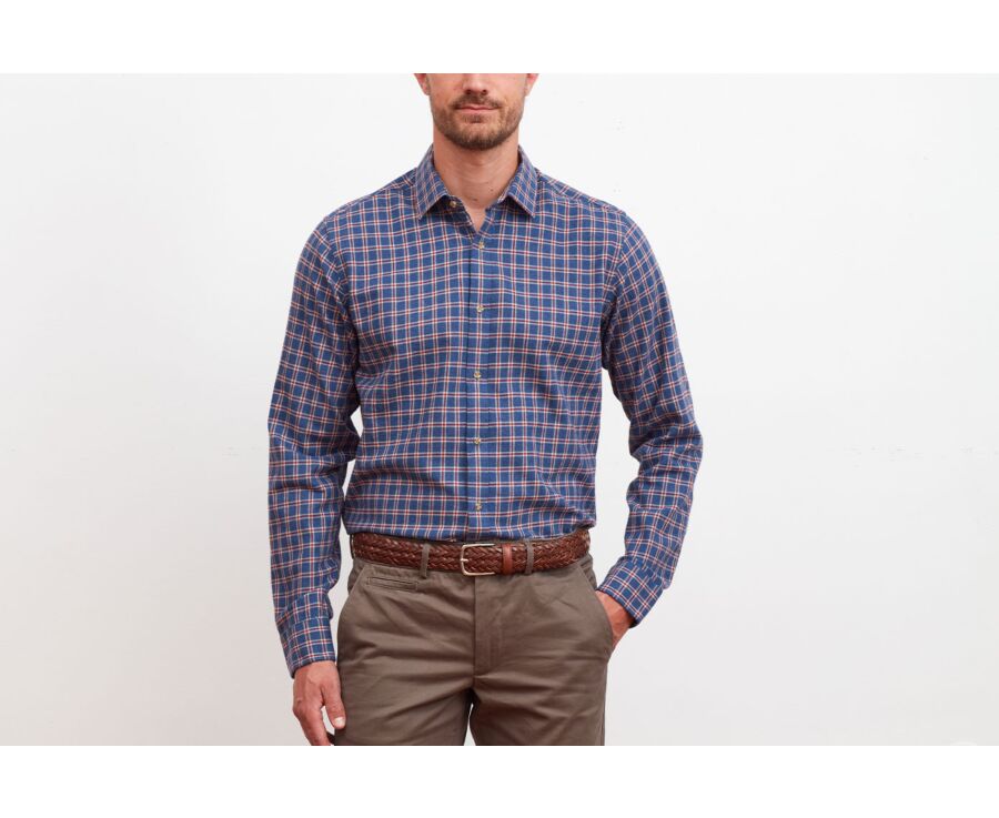 Chemise flanelle bleu à carreaux rouges - Col français - PAULIN II