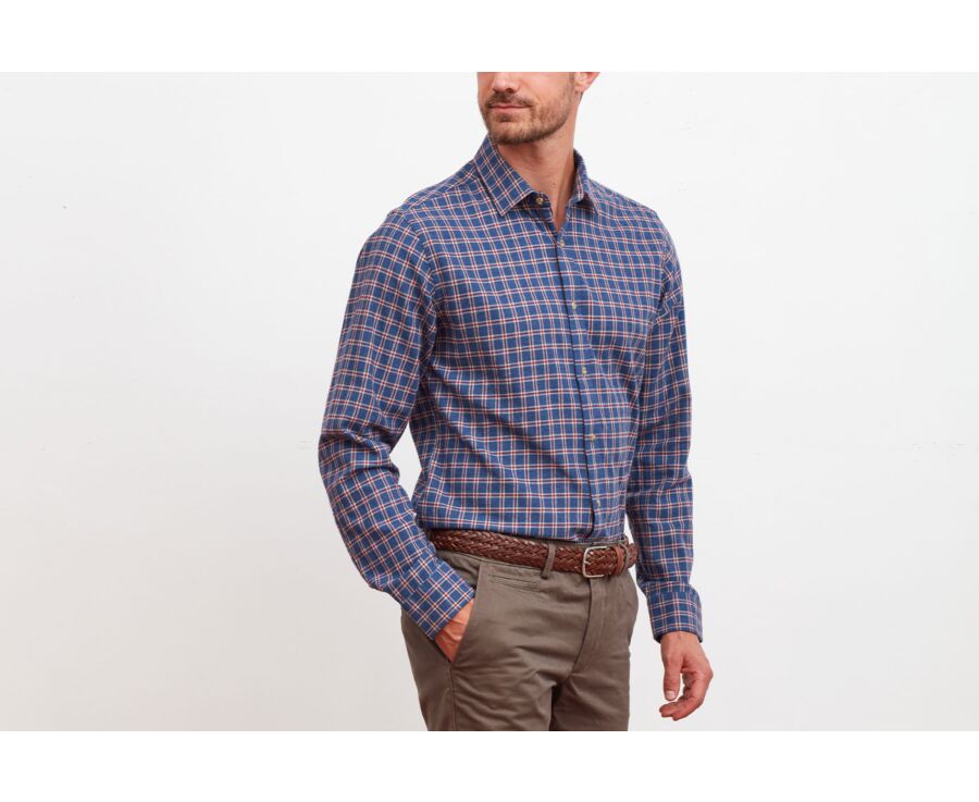 Chemise flanelle bleu à carreaux rouges - Col français - PAULIN II
