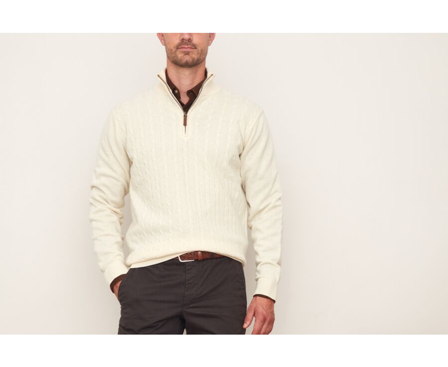 Pull laine homme à torsades col zippé Ecru - KEITHOR