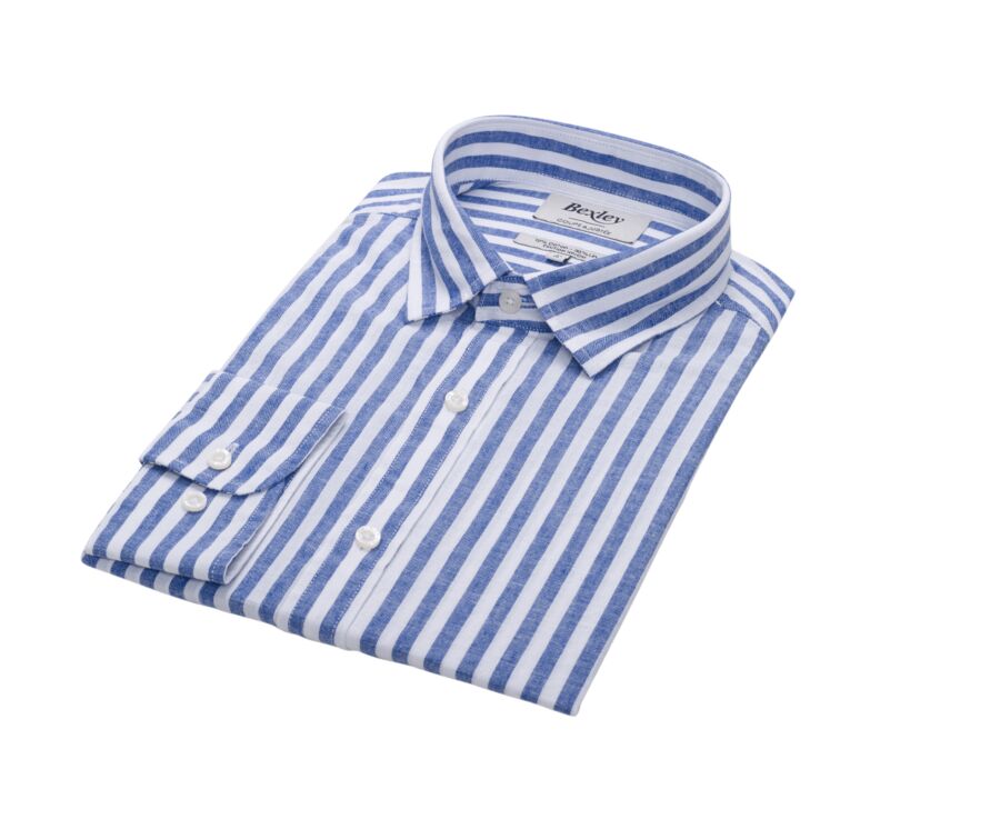 Chemise coton lin rayée bleue foncée et blanche - SIMONIN