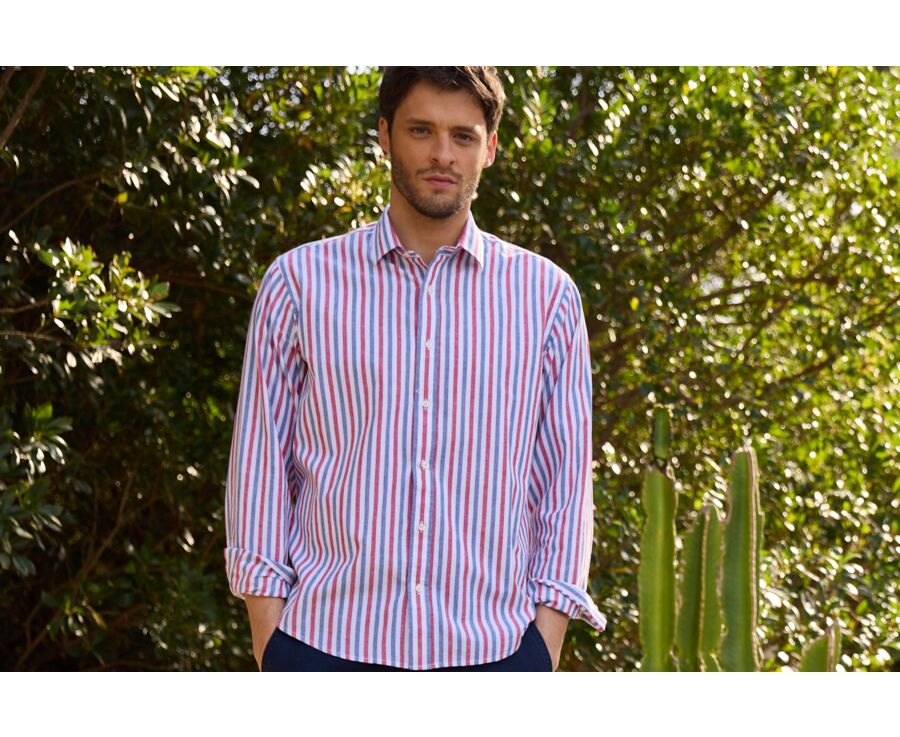 Chemise coton lin rayée Bleu vintage Rouge et Blanc - SIMONIN