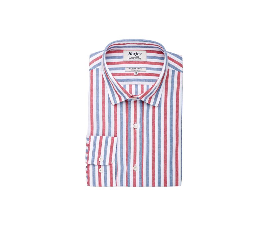 Chemise coton lin rayée Bleu vintage Rouge et Blanc - SIMONIN