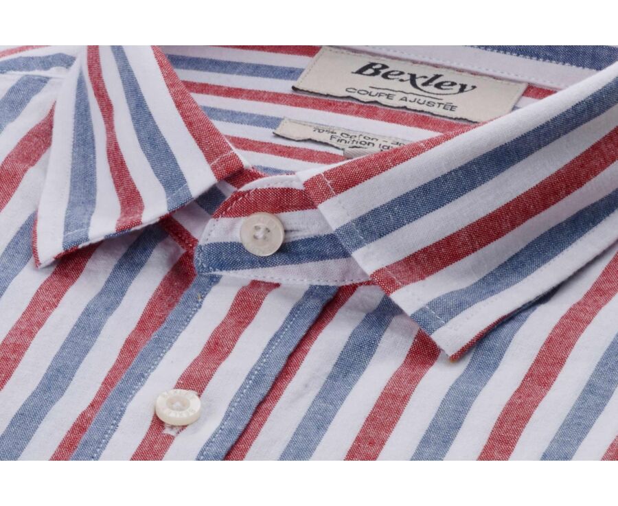 Chemise coton lin rayée Bleu vintage Rouge et Blanc - SIMONIN