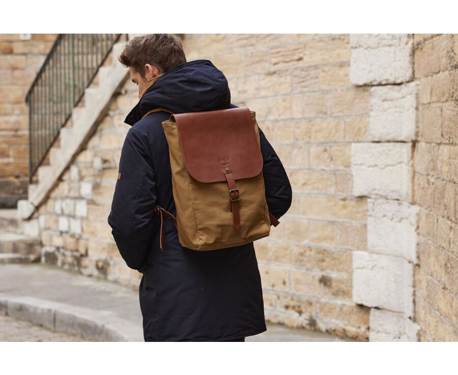 Sac à dos en toile kaki et cuir grainé Châtaigne - HUNTINGTON