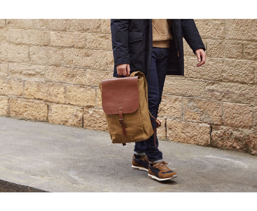 Sac à dos en toile kaki et cuir grainé Châtaigne - HUNTINGTON