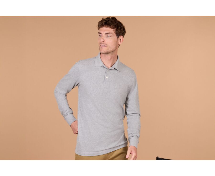 Polo manches longues homme gris chiné en coton piqué - ALEC II ML