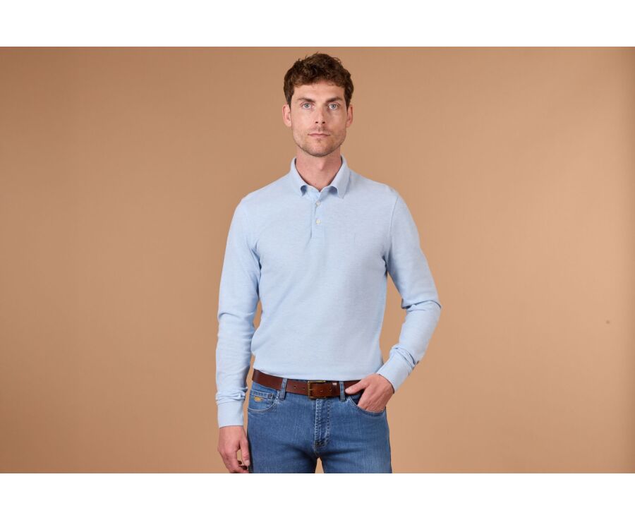 Polo manches longues homme bleu ciel chiné en coton piqué - ALEC II ML