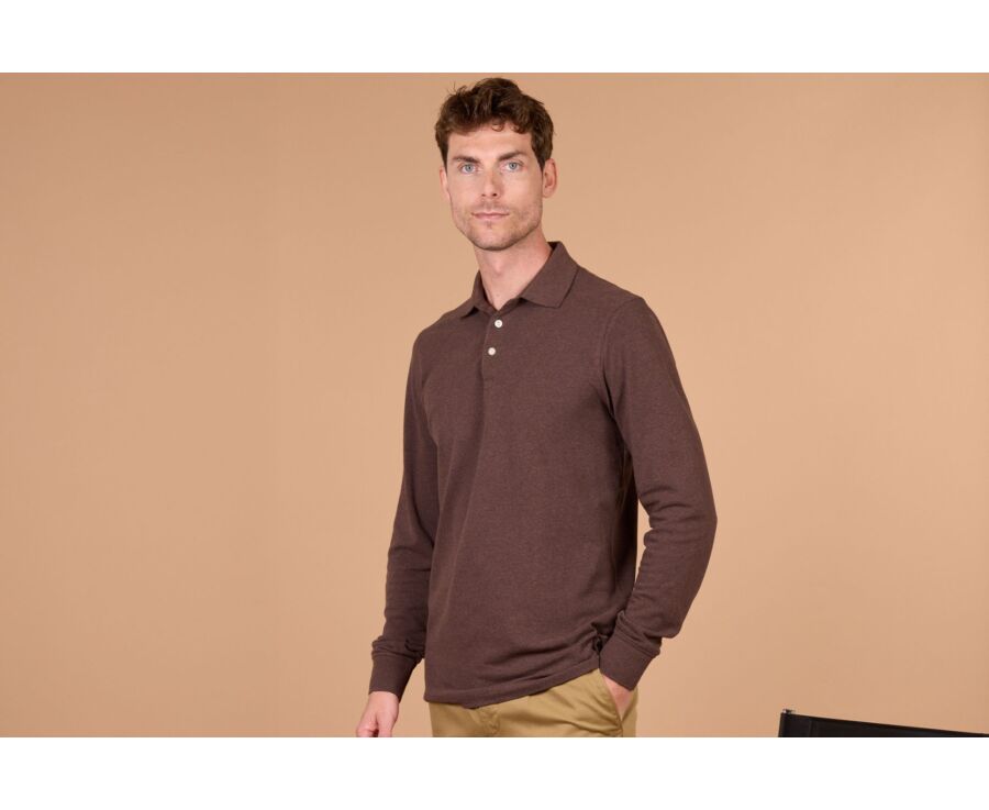 Polo manches longues homme Chocolat Chiné Foncé  - ALEC II ML