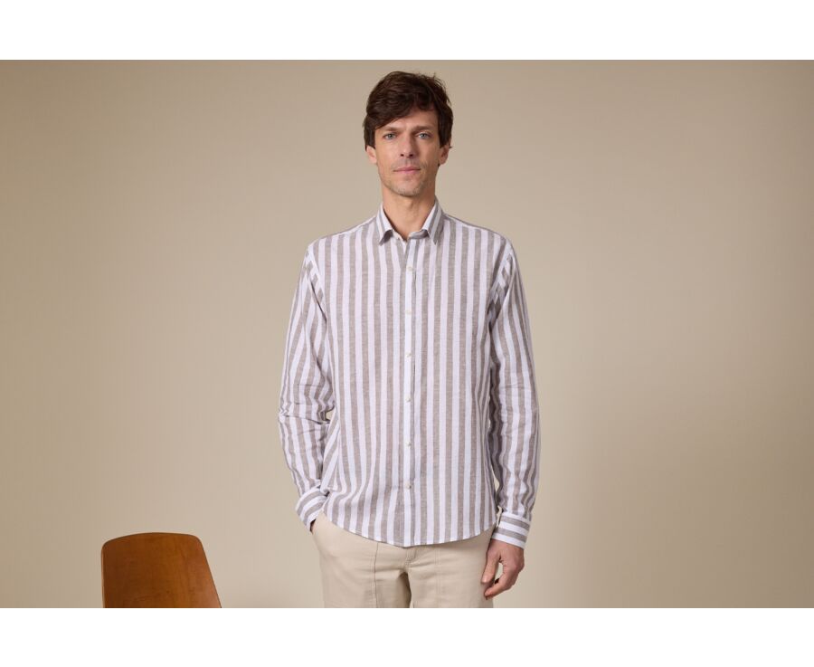 Chemise coton lin rayée Kaki et Blanc - BRUNIEN