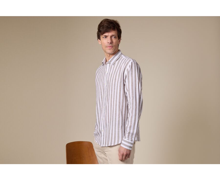 Chemise coton lin rayée Kaki et Blanc - BRUNIEN