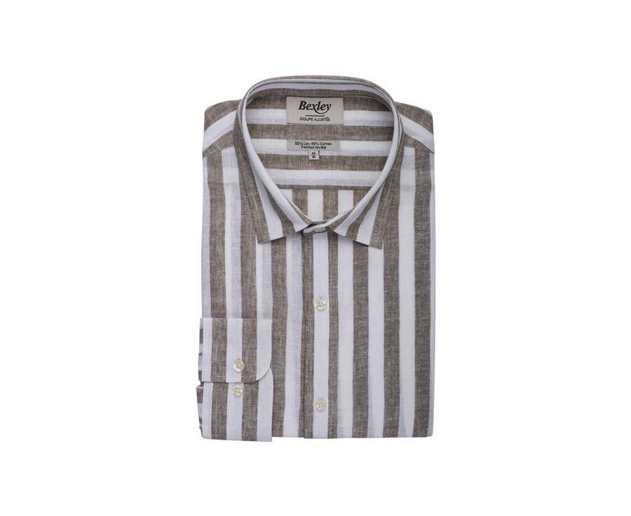 Chemise coton lin rayée Kaki et Blanc - BRUNIEN