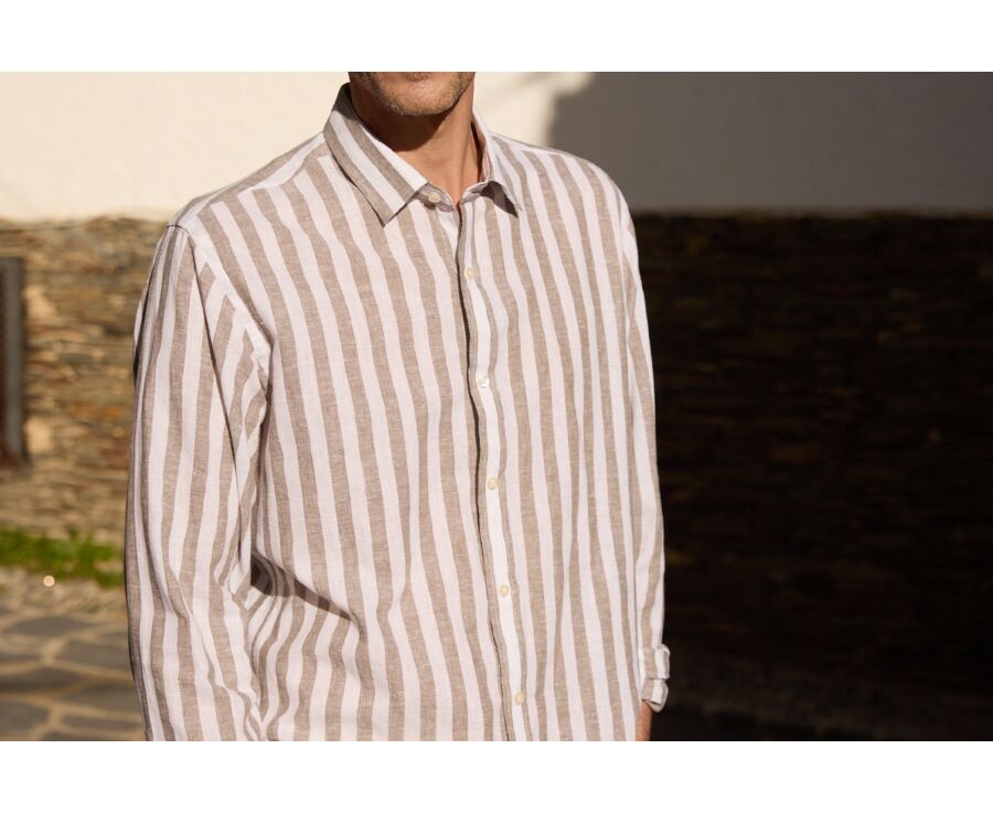 Chemise coton lin rayée Kaki et Blanc - BRUNIEN