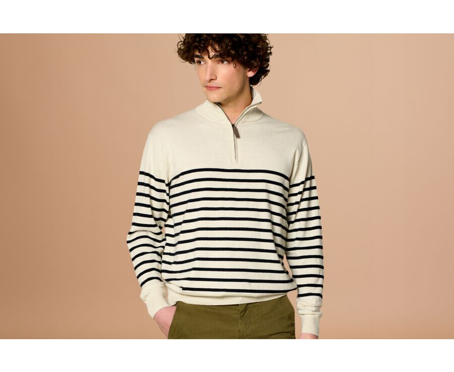Pull col zippé marin coton bio/cachemire Ecru et Marine - VLADIAC