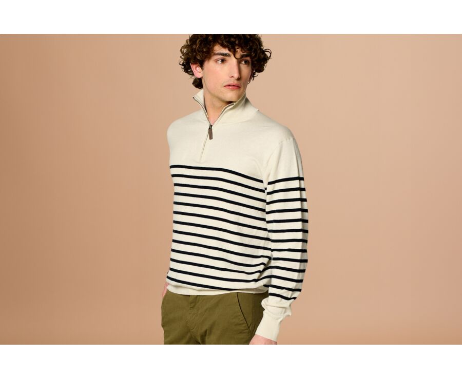 Pull col zippé marin coton bio/cachemire Ecru et Marine - VLADIAC