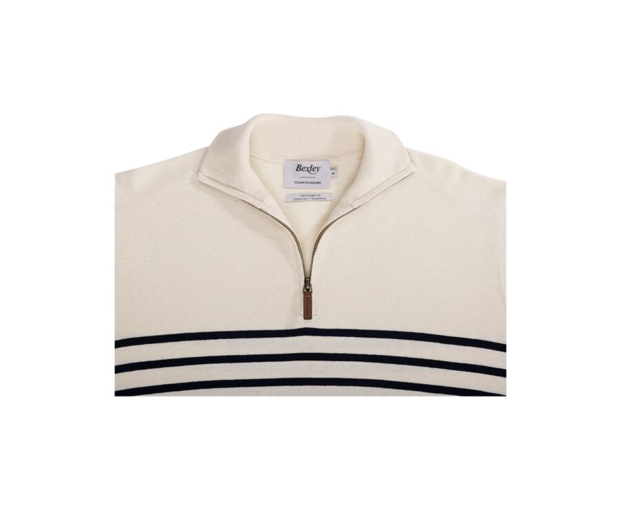 Pull col zippé marin coton bio/cachemire Ecru et Marine - VLADIAC