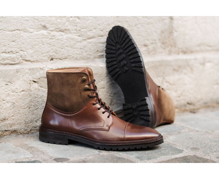 Derby boots homme - Cognac Patiné et Taupe - IRVING II GOMME