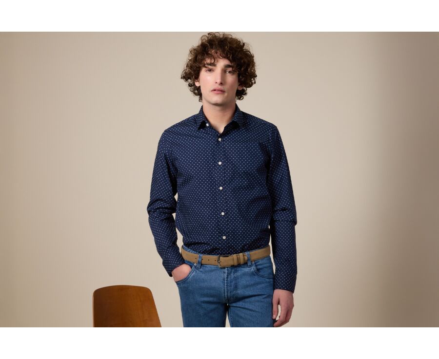 Chemise imprimée Navy motifs blancs - Col français - ALPHIDE